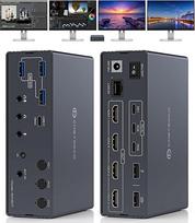 "Displaylink" USB C KVM perjungiklio prijungimo stotelė, 4K60Hz HDMI KVM perjungiklis 3 PC 4 monitoriams, skirtas "Windows" ir "Mac M1/M2/M3/M4", 10Gb/s USB C duomenų/1Gb/s eterneto prievadas, garso / mikrofono su IR valdymu ir USBA-C į C kabeliu