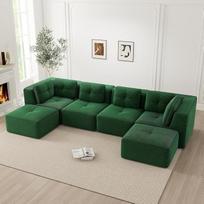 "Dolamaní" 4 vietų sofa su 2 atramomis kojoms, U formos kampinė sofa, be kaulų, pagaminta iš velvetinio audinio, modulinė sofa, neremontuojama, elastingas paminkštinimas, platūs porankiai, skirta svetainei, poilsio zonoms (žalia)