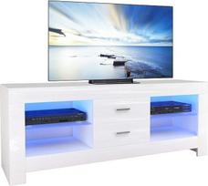 "Dripex" televizoriaus lentynėlė, televizoriaus staliukas su LED apšvietimu ir stalčiais, blizgus televizoriaus laikymo blokas, 130 x 50 x 35 cm, baltos spalvos