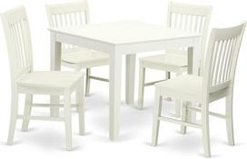"East West Furniture" 5 dalių valgomojo stalo komplektas - stalas ir 4 medinės valgomojo kėdės, lininės baltos spalvos