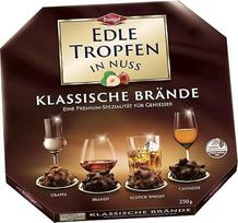 "Edle Tropfen in Nuss Classic Brandies" 250 g šokoladinių saldainių su skysčiu, pieniniu šokoladu ir traškia lazdyno riešutų drožlėmis