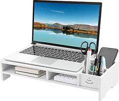 "Ejoyous" monitoriaus stovas "Monitor Riser", stalinis nešiojamojo kompiuterio stovas su skiriamąja lentyna, skirtas biurui, namų stalui, lentyna, balta