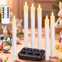 "Eldnacele" įkraunamos nedegios juostinės žvakės su laikmačiu ir įkrovimo stotele, 6 LED žvakių pakuotė iš tikro vaško su nuotolinio valdymo pulteliu, akumuliatorinės žvakės vestuvių ir Kalėdų dekoracijoms (baltos spalvos)
