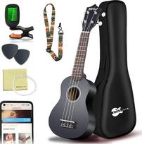 "Everjoys" soprano ukulelės rinkinys vaikams ir suaugusiesiems, 53 cm ukulelės pradinis rinkinys su krepšiu, derintuvu, dainynu, stygomis, kirtikliu ir poliravimo šluoste, juodas