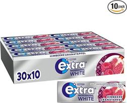 "Extra Professional" baltosios aviečių granatų kramtomosios gumos be cukraus, pakuotė su 30 x 10 dražė, skirta gaiviam burnos kvapui