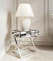 "FABS Knightsbridge" kolekcija - pilkas ir sidabrinis veidrodinis staliukas - 3D stiklo efekto dizainas - su stalčiumi - chromuotos sukryžiuotos kojelės - miegamasis svetainė - kambario baldai
