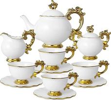 "fanquare" 15 dalių britiško porceliano arbatos rinkinys, "Royal Gift Coffee Service Set", baltas arbatinukas, cukrinė, puodelis ir lėkštutė