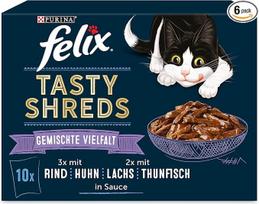 "Felix Tasty Shreds" drėgnas kačių ėdalas padaže, įvairių skonių, 6 vnt. (6 x 10 x 80 g)