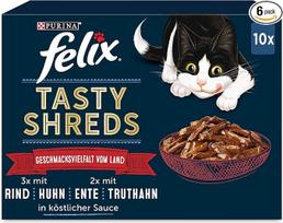"Felix Tasty Shreds" drėgnas kačių ėdalas padaže, įvairių skonių, 6 vnt. (6 x 10 x 80 g)