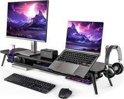 "Fenge" dviejų monitorių stovas su nešiojamojo kompiuterio laikikliu, telefono laikikliu, ausinių laikikliu, 2 lygių, didelis daugiafunkcinis kompiuterio ekrano stovas, 108 x 23,5 x 14,5 cm (juodas)