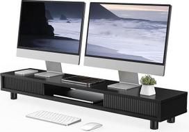 "Fenge" dvigubas monitoriaus stovas 108 cm didelio ekrano stovas su 2 stiklinėmis stumdomomis durelėmis, reguliuojamo aukščio monitoriaus stovas kompiuteriui / nešiojamajam kompiuteriui / televizoriui, apkrovos talpa 50 kg (juodas)