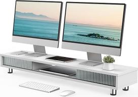 "Fenge" dvigubas monitoriaus stovas 108 cm dideliam ekranui su 2 stiklinėmis stumdomomis durelėmis, reguliuojamo aukščio monitoriaus stovas kompiuteriui / nešiojamajam kompiuteriui / televizoriui, apkrovos talpa 50 kg (baltas)