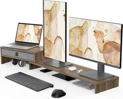 "Fenge" dvigubas monitoriaus stovas Ekrano stovas su stalčiumi kompiuterio TV nešiojamojo kompiuterio monitoriaus stovui Reguliuojamas ilgis ir kampas 78,3-113 x 23,5 x 7,3 cm (rudos spalvos)