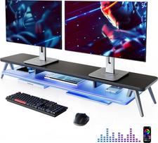 "Fenge" monitoriaus stovas su akrilo lentyna ir "App Control" LED lemputėmis 108 cm didelis kompiuterio stovas su telefono / planšetinio kompiuterio laikikliu, apkrovos galia 45 kg (juodas)