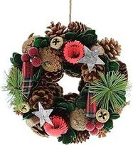 "Festive Productions" 18 cm kalėdinis vainikas - natūralios pušų spygliukai, tartano juosta ir sidabrinės žvaigždės - kalėdinės dekoracijos, puikiai tinkančios durims, eglutėms ir namams - dekoratyvinis vainikas