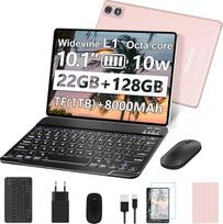 "fezawio" planšetinis kompiuteris su klaviatūra ir pele, 10 colių "Android 14", 22GB RAM + 128GB ROM (galima išplėsti 1 TB TF), 8000 mAh baterija, "Face ID", "Widevine L1", 5 MP + 8 MP kamera, "WiFi 6", "Bluetooth 5.0", rausva