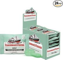 "Fisherman's Friend Mint", laikymo dėžutė, pipirmėčių ir mentolio skonio, su cukrumi ir veganais, saldainiai gaiviam burnos kvapui, 24 x 25 g