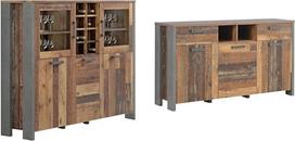 "Forte Clif" vitrina su 3 durelėmis ir 2 stiklinėmis durelėmis, senovinė, medinė, vintažinė, betoninė, tamsiai pilka, 151,4 x 127,9 x 41,6 cm ir "Clif" komoda su 3 durelėmis ir 2 stalčiais, 156,4 x 86,3 x 41,6 cm