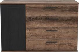 "Forte JACKY" šoninė spintelė su 4 stalčiais ir 1 durelėmis, medžio kompozitas, "Script Mud Oak/Black Oak", plotis x aukštis x gylis: 124,9 x 83,1 x 41,3 cm