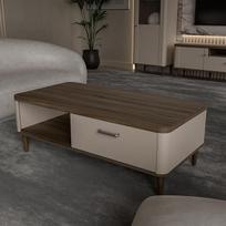 "Forte Lacetti" kavos staliukas 120, modernus sofos staliukas su "Skandi" skersinių dizainu, 1 stalčius, kašmyro spalvos, smėlio spalvos su Valensijos ąžuolo medienos dekoru, 120 cm pločio x 43,7 cm aukščio x 60 cm gylio