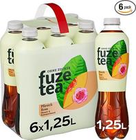 "Fuze Tea Zero Black Tea Peach Rose Iced Tea" - 6 x 1250 ml vienkartiniai buteliukai - nealkoholinis gėrimas be cukraus su juodąja arbata ir persikų skoniu - paruoštas gerti, auginamas tvariai