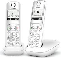 "Gigaset A695 Duo" - belaidis telefonas, 2 rageliai su dideliu apšviestu ekranu, kurį labai lengva įskaityti, skambučių blokavimo funkcija, baltos spalvos