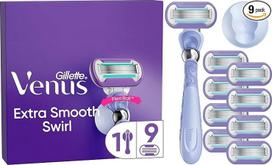 "Gillette Venus Extra Smooth Swirl" moteriškas skustuvas su 9 originaliais šlapio skustuvo ašmenimis, sukamuoju antgaliu ir dušo laikikliu - violetinis