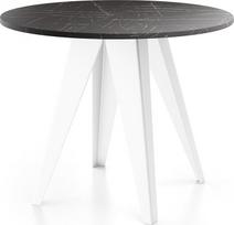 "Glory" pramoninio stiliaus valgomojo stalas baltos spalvos - modernus apvalus juodo marmuro išvaizdos stalas, ištraukiamas nuo 90 cm iki 130 cm, su milteliniu būdu dengtomis metalinėmis kojelėmis, stalas nedidelei virtuvei - juodas marmuras