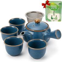 "Goodwei" japoniškos arbatos rinkinys "Kyusu" - šoninės rankenos ąsotis (320 ml) su nerūdijančio plieno sieteliu ir 4 arbatos puodeliai (110 ml) - autentiškas žaliosios arbatos dovanų rinkinys, įskaitant ekologišką "Sencha" iš Japonijos (Umi)