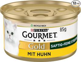 "Gourmet Gold Juicy Fine Strips", drėgnas kačių maistas su vištiena, 12 vnt. (12 x 85 g)