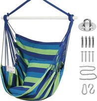 "Goutime Swing Chair" didelis hamakas Minkšta medvilnė su 2 sėdynių pagalvėlėmis Kabančios sūpynės lauke ir viduje 330 svarų (mėlyna ir žalia)
