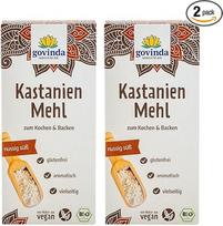 "Govinda" ekologiški kaštonų miltai (2 x 350 g) Be glitimo ir veganiški 100 % smulkūs kaštonų miltai Smulkūs saldūs ir riešutiniai, idealiai tinka duonai, pyragams ir pyragaičiams kepti Be priedų