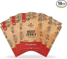 "Grizzly Foods" - jautienos džerkai "Burn Baby Burn" (10 x 50g) - džiovinti mėsos baltymų užkandžiai - jautiena iš Vokietijos - daug baltymų turintys užkandžiai sporto salėje, fitneso salėje, lauke, biure