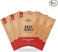 "Grizzly Foods" - jautienos džerkai "Burn Baby Burn" (5 x 50g) - džiovintos mėsos baltyminiai užkandžiai - jautiena iš Vokietijos - daug baltymų turintys užkandžiai sporto salei, fitnesui, lauke, biure