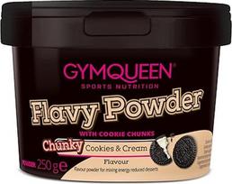 "GymQueen Flavy" milteliai 250 g, "Chunky Cookies & Cream" skonio milteliai, mažai kaloringi skonio milteliai, skirti saldinti, kepti ir rafinuoti maistą, daug skaidulų