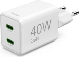 "Hama" greitasis įkroviklis, 40 W (įkroviklis su 2 x USB C, palaiko "Power Delivery" ir "Qualcomm Quick Charge", vienu metu įkrauna du įrenginius, itin mažas ir kompaktiškas, GaN įkroviklis, draugiškas baterijai), baltas
