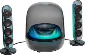"Harman Kardon SoundSticks 5" "Bluetooth" garsiakalbiai, 3 krypčių garsiakalbių sistema, HDMI ARC, "Auracast" kelių garsiakalbių jungtis, spalvoti šviesos signalai, juodos spalvos