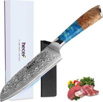 "hecef Santoku" peilis "Damask" 18 cm, aštrus japoniškas peilis su ergonomiška dervos rankena, 67 sluoksnių damaskinis plienas, VG10 šerdis, virėjo peilis, profesionalus peilis su apsauga virėjams ir virėjams