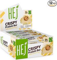 "HEJ Crispy Protein Bar" - užkandis su 14 g baltymų, turintis mažai cukraus ir daug baltymų, vegetariškas, be dirbtinių kvapiųjų medžiagų ir sukralozės, baltasis šokoladas, žemės riešutai, 12 x 45 g
