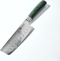 "HexClad Nakiri" peilis, 16,5 cm ilgio geležtė pagaminta iš rūdims atsparaus japoniško demblio, pilnavidurė konstrukcija, Pakka medinė rankena