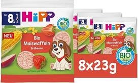 "HiPP" Ekologiški kukurūzų vafliai su braškėmis (8 x 23 g), užkandis kūdikiams nuo 8 mėnesių, saldus tik iš vaisių ir daržovių, be glitimo, geriausios ekologiškos kokybės