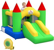 "HOMCOM Bouncy Castle", pripučiama vaikiška pilis 3-10 metų vaikams, žaidimų pilis su nusileidimo kalneliu, batutu, apsauginiu tinklu, žaidimų aikštele vidaus ir lauko reikmėms, 300 x 180 x 160 cm