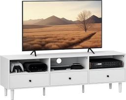 "HOMCOM" televizoriaus spintelė TV lenta su stalčiais, 3 atviri skyriai, 140 cm ilgio, televizoriaus lenta su kabelių valdymu, skirta televizoriams iki 75 colių, televizoriaus stovas svetainei, balta, 140 x 34 x 45 cm