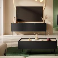 "Home" baldų komplektas "Living Wall Unit", juodos matinės spalvos su ąžuolu, 2 dalių, su kavos staliuku, žema lenta, modernus, be rankenų