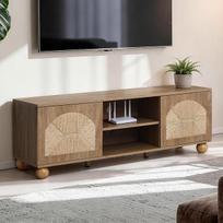 "Hometopia" medinė TV spintelė, TV stovas, žema lenta televizoriams iki 65 colių, 2 durų žema lenta su pintu priekiu, svetainės spintelė, atviros lentynos, natūrali, 140 × 48 × 40 cm