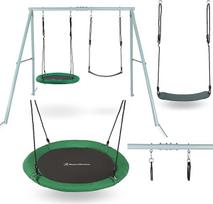 "HyperMotion Swing HYP2" sodo sūpynių rinkinys - dvigubos ir lizdinės sūpynės su rėmu, reguliuojamas aukštis 85-140 cm, didžiausia apkrova 200 kg, tinka 2-3 vaikams
