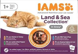"IAMS Delights Land & Sea Collection" drėgnas maistas katėms, daugkartinė pakuotė su mėsos ir žuvies rūšimis padaže, drėgnas maistas katėms nuo 1 metų, 12 x 85 g