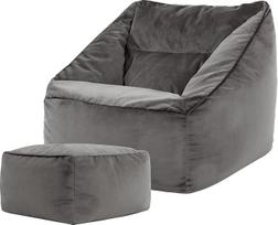 "Icon Natalia Bean Bag" kėdė su taburete suaugusiesiems, tamsiai pilka, pūkuotas aksomo audinys, milžiniškas aksomo pupų maišas su užpildu, pupų maišo kėdė, patogi kėdė svetainei, poilsio kambariui, miegamajam, biurui