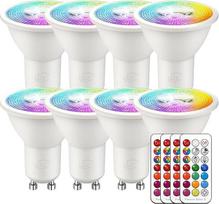 "iLC LED GU10" lemputė, keičianti spalvą, LED prožektorių lemputė su reflektoriumi, 5 W reguliuojamo apšvietimo šilta balta (2700 K) RGB LED lemputė, 200 liumenų, nuotolinio valdymo pultas (8 vnt.)