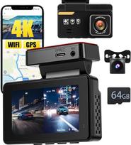 "Inefala 4K Dash Cam Car Front Rear with WiFi GPS, Dual Dash Cam 4K + 1080P, 3 colių IPS mini automobilinė kamera su 64GB SD kortele, parkavimo stebėjimas, naktinis matymas, platus kampas, G jutiklis, programėlės valdymas